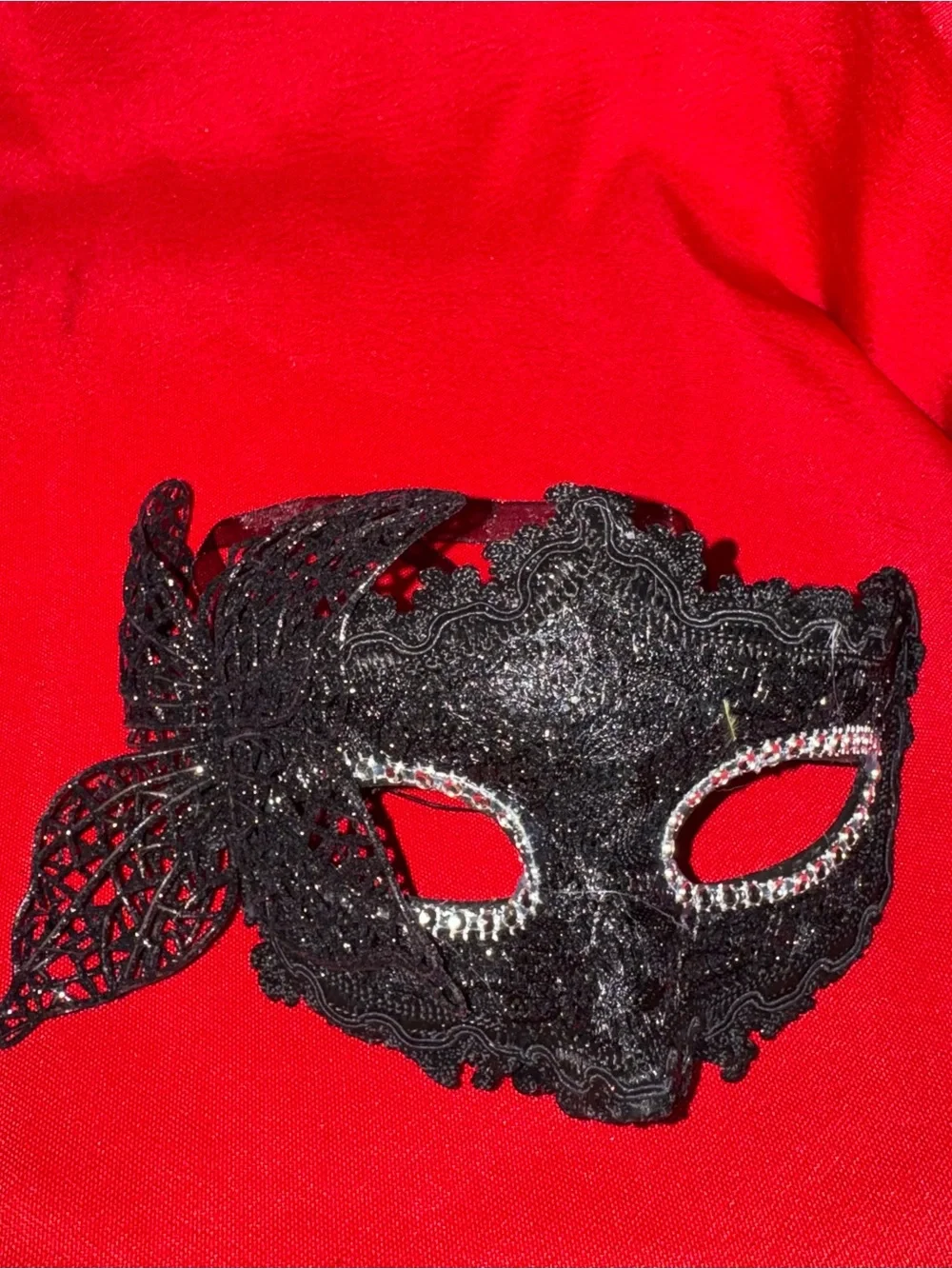Black Lace Masquerade Mask with Rhinestone Trim